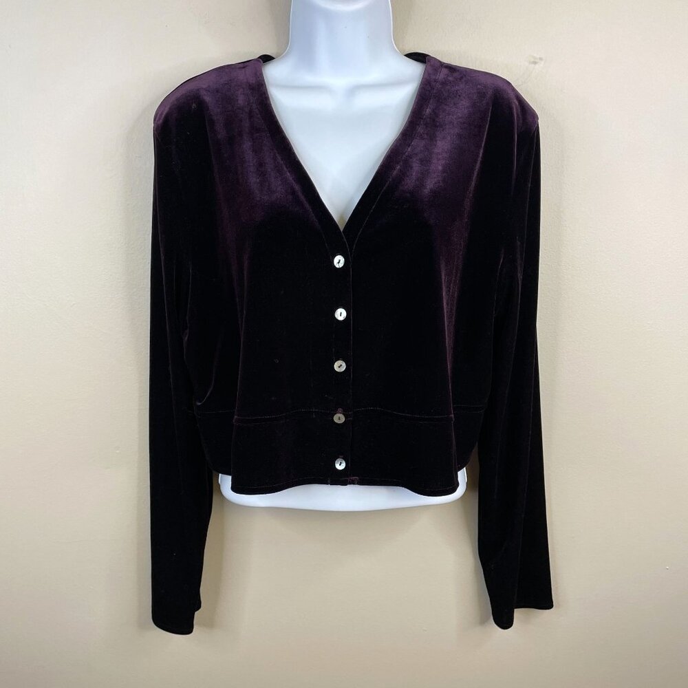 Vintage Y2K Womens Holiday Velvet Cropped Jacket Sz L NWOT Dark Purple Party Top